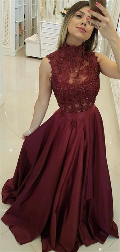 High Neck Lace Top Sleeveless Burgundy Beading Prom Dress, PD0718