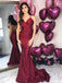 Burgundy V-Neck Mermaid Lace Up Back Prom Dress With Pleats, PD0720