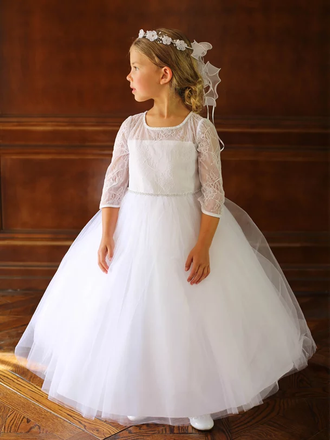 Newest Round Neck Lace 3/4 Sleeves Tulle Flower Girl Dresses, FG0138