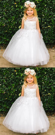 A-line Round Neck Sleeveless Lace Appliques Flower Girl Dresses, FG0143