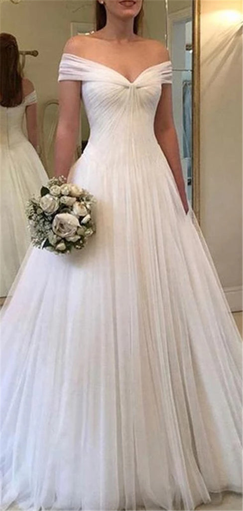 A-line Off-shoulder Zipper Back Simple Cheap Long Tulle Wedding Dresses, WD0471