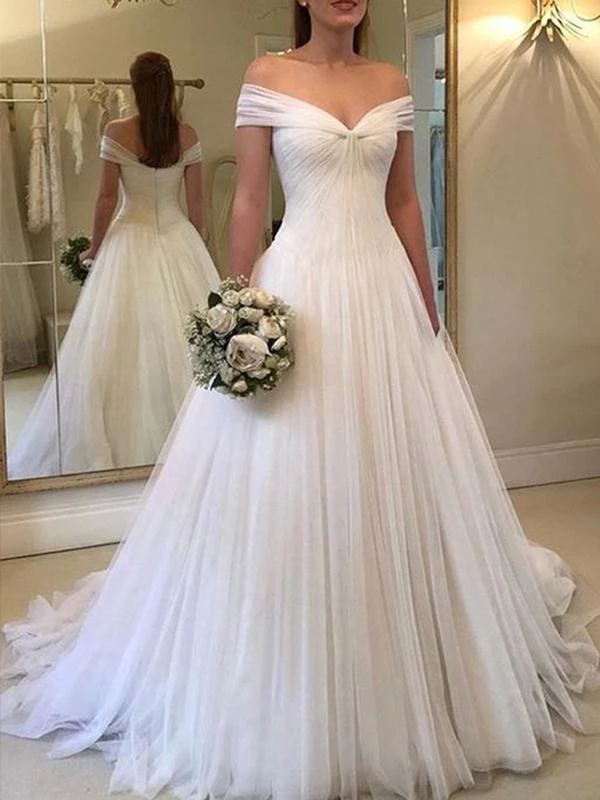 A-line Off-shoulder Zipper Back Simple Cheap Long Tulle Wedding Dresse RomanBridal A-line Off-shoulder Zipper Back Simple Cheap Long Tulle Wedding Dresse RomanBridal