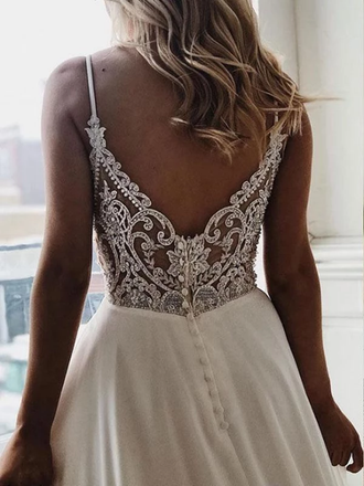 A-line Spaghetti Straps V-neck Lace Back Long Simple Wedding Dresses, WD0472