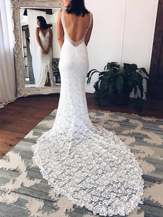 Mermaid Deep V-neck Fulle Lace Sexy Backless Wedding Dresses With Train, WD0477
