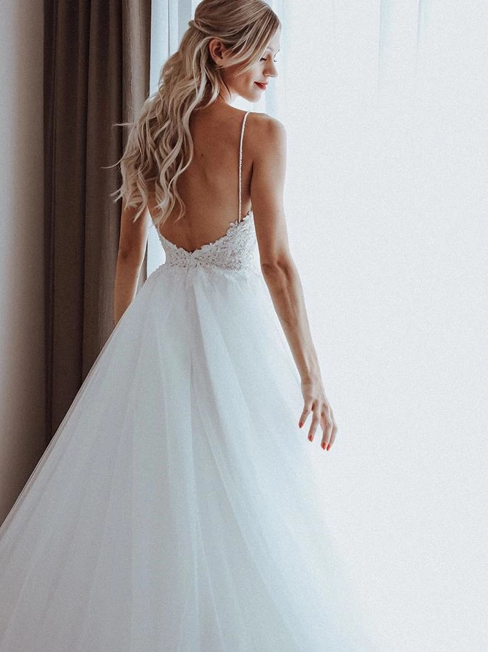 A-line Spaghetti Straps V-neck Lace Top Backless Long Tulle Wedding Dresses, WD0480
