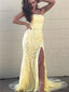 Strapless Mermaid Lace Appliques Yellow Prom Dresses With Splits, PD0783