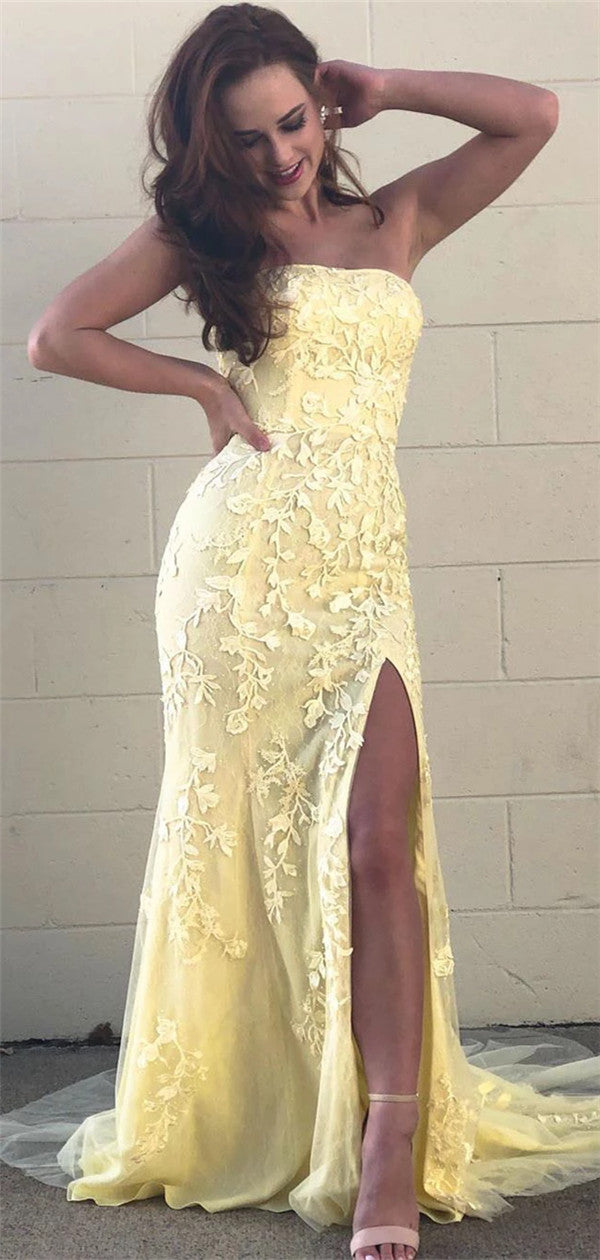 Strapless Mermaid Lace Appliques Yellow Prom Dresses With Splits, PD07 – RomanBridal Strapless Mermaid Lace Appliques Yellow Prom Dresses With Splits, PD07 – RomanBridal