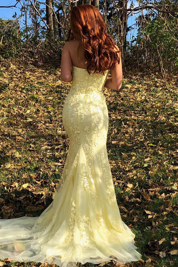 Strapless Mermaid Lace Appliques Yellow Prom Dresses With Splits, PD0783