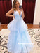 A-line V-neck Sleeveless Shiny Long Blue Organza Prom Dresses, PD0796