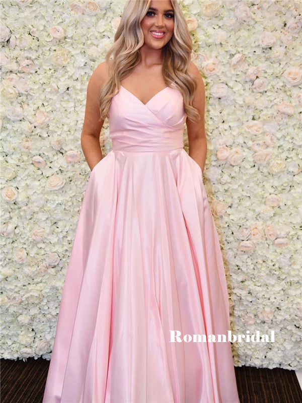 A-line Spaghetti Straps V-neck Pink Long Prom Dresses With Pockets, PD RomanBridal A-line Spaghetti Straps V-neck Pink Long Prom Dresses With Pockets, PD RomanBridal
