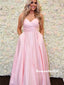 A-line Spaghetti Straps V-neck Pink Long Prom Dresses With Pockets, PD0800