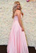 A-line Spaghetti Straps V-neck Pink Long Prom Dresses With Pockets, PD0800