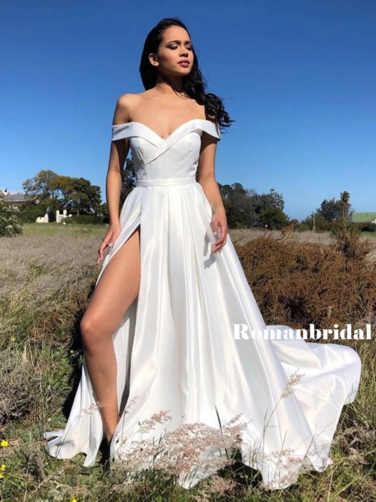 A-line Off-shoulder Long White Prom Dresses With High Split, PD0804