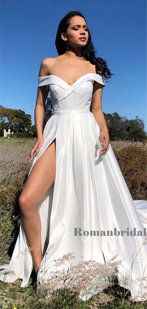 A-line Off-shoulder Long White Prom Dresses With High Split, PD0804