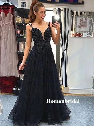 A-line Straps V-neck Backless Beading Long Organza Prom Dresses, PD0805