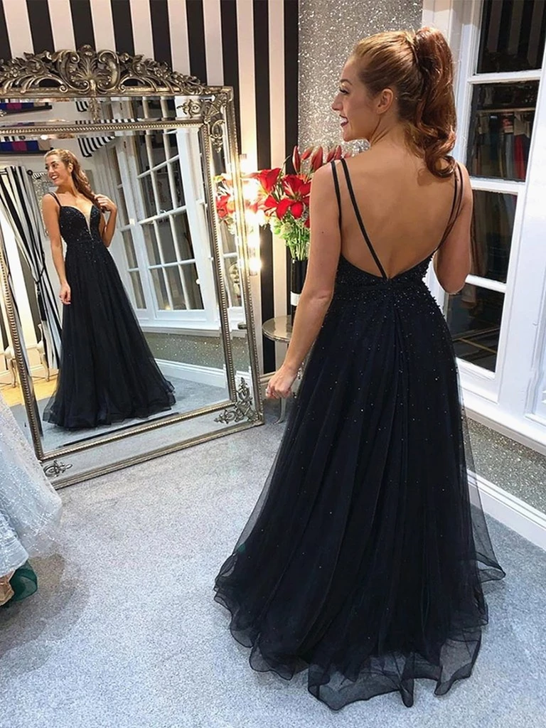 A-line Straps V-neck Backless Beading Long Organza Prom Dresses, PD0805