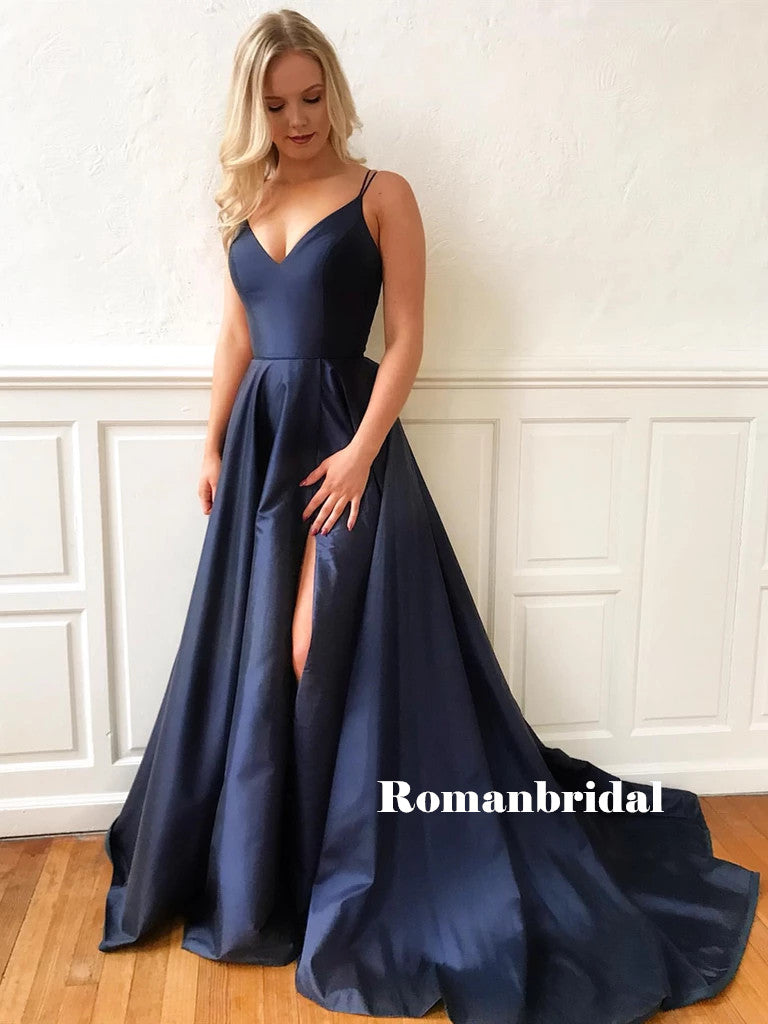 Spaghetti Black Satin Prom Dresses, V-neck Prom Dresses, Long Prom Dresses, Prom Dresses, PD0597