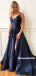 A-line Spaghetti Straps V-neck Long Navy Blue Prom Dresses With Split, PD0809