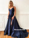 A-line Spaghetti Straps V-neck Long Navy Blue Prom Dresses With Split, PD0809