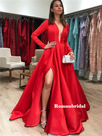 A-line Deep V-neck Long Sleeves Red Prom Dresses With Split, PD0810