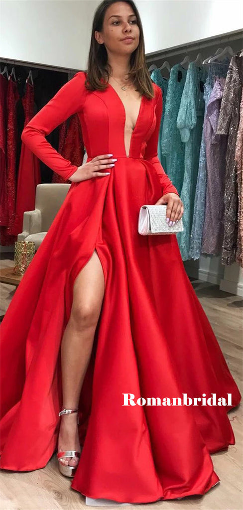 A-line Deep V-neck Long Sleeves Red Prom Dresses With Split, PD0810