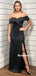 Sheath Off-shoulder Long Black Simple Prom Dresses With Split, PD0811