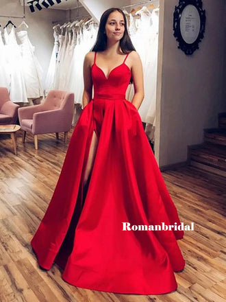 A-line Spaghetti Straps V-neck Long Red Prom Dresses With Split, PD0813