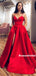 A-line Spaghetti Straps V-neck Long Red Prom Dresses With Split, PD0813