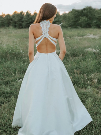 Two-pieces Sleeveless Lace Top Backless Long Prom Dresses, PD0814