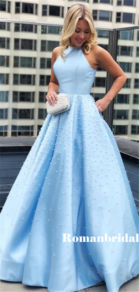 Halter A-line Sleeveless Beading Long Blue Prom Dresses, PD0815