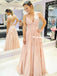 A-line Straps V-neck Lace Backless Long Tulle Prom Dresses, PD0816