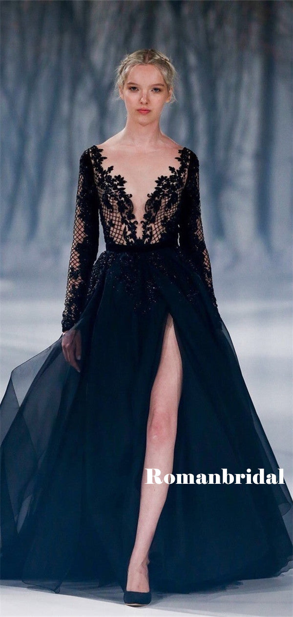 A-line Deep V-neck Long Sleeves Black Lace Tulle Prom Dresses, PD0826 RomanBridal A-line Deep V-neck Long Sleeves Black Lace Tulle Prom Dresses, PD0826 RomanBridal