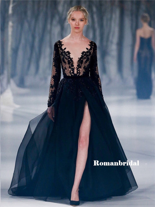 A-line Deep V-neck Long Sleeves Black Lace Tulle Prom Dresses, PD0826 RomanBridal A-line Deep V-neck Long Sleeves Black Lace Tulle Prom Dresses, PD0826 RomanBridal