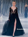 A-line Deep V-neck Long Sleeves Black Lace Tulle Prom Dresses, PD0826