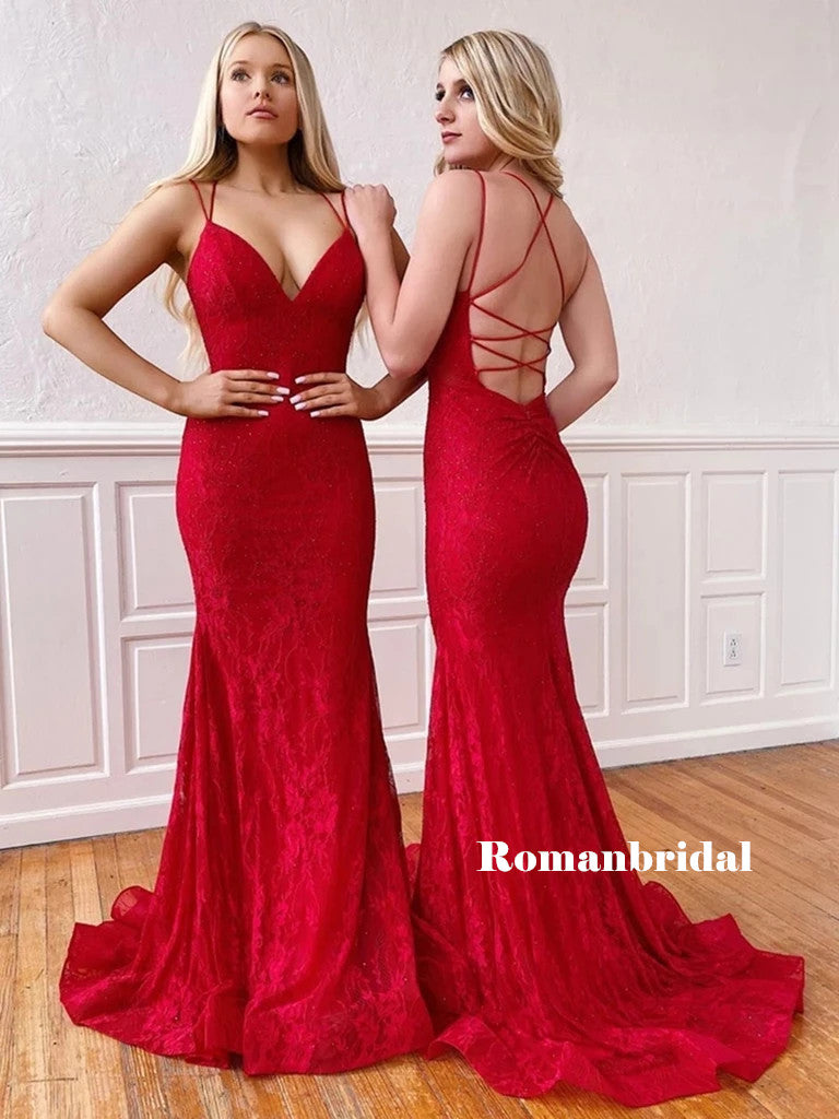 Mermaid Sexy V-neck Lace-up Back Red Lace Prom Dresses, PD0829