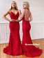 Mermaid Sexy V-neck Lace-up Back Red Lace Prom Dresses, PD0829