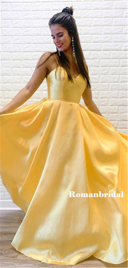 New Arrival Spaghetti Straps V-neck Long Yellow Satin Prom Dresses, PD0830