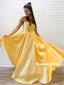 New Arrival Spaghetti Straps V-neck Long Yellow Satin Prom Dresses, PD0830
