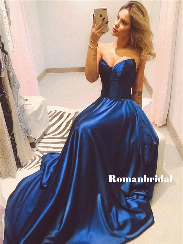 A-line Sweetheart Sleeveless Long Simple Royal Blue Prom Dresses, PD0832