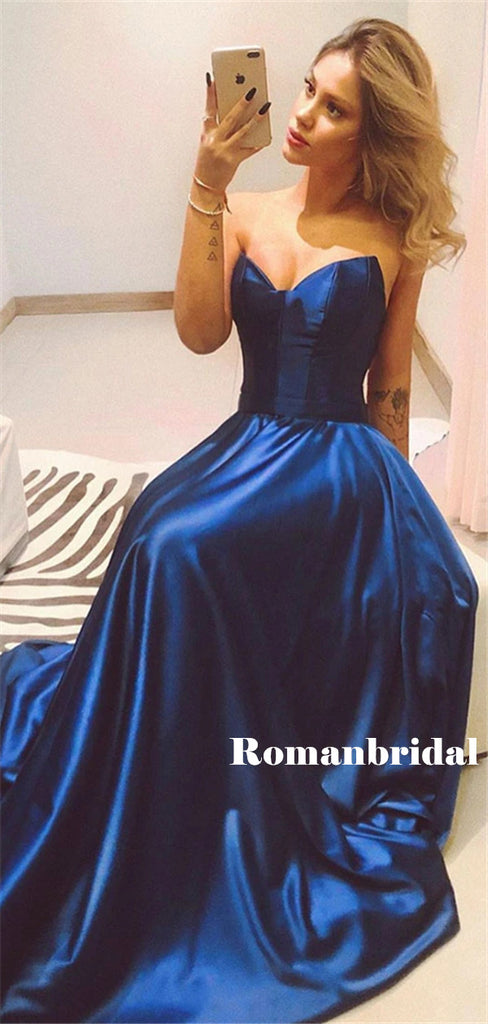A-line Sweetheart Sleeveless Long Simple Royal Blue Prom Dresses, PD0832