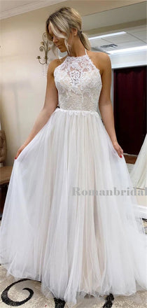 A-line Halter Sleeveless Lace Top Long Tulle Backless Prom Dresses, PD0833