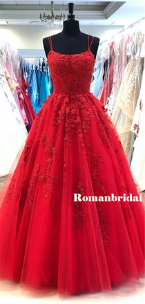 Popular A-line Spaghetti Straps Lace Appliques Long Red Prom Dresses, PD0834