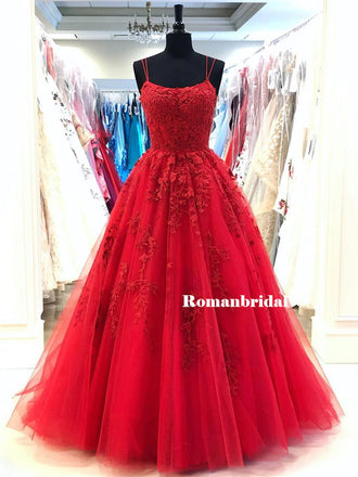 Popular A-line Spaghetti Straps Lace Appliques Long Red Prom Dresses, PD0834