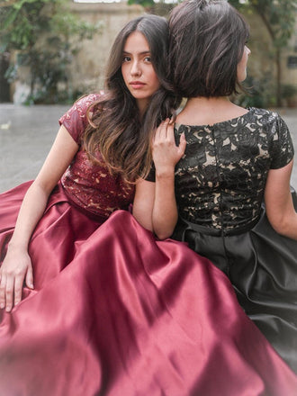 A-line Round Neck Short Sleeves Appliques Long Prom Dresses With Pockets, PD0840