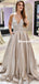 A-line V-neck Spaghetti Straps Backless Sparkly Satin Prom Dresses, PD0841