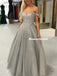 Shiny A-line Off-shoulder Sliver Beading Long Tulle Prom Dresses, PD0842