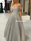 Shiny A-line Off-shoulder Sliver Beading Long Tulle Prom Dresses, PD0842