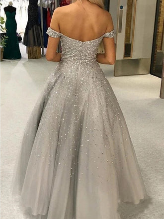 Shiny A-line Off-shoulder Sliver Beading Long Tulle Prom Dresses, PD0842