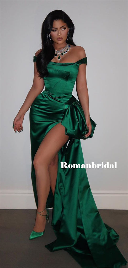 Sheath Off-shoulder Sexy Long Green Satin Prom Dresses With Split, PD0845