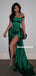 Sheath Off-shoulder Sexy Long Green Satin Prom Dresses With Split, PD0845